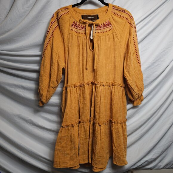 CODE X MODE Embroidered Tiered Dress Mustard Tie Bow Boho Shift CODEXMODE Medium - Picture 2 of 11